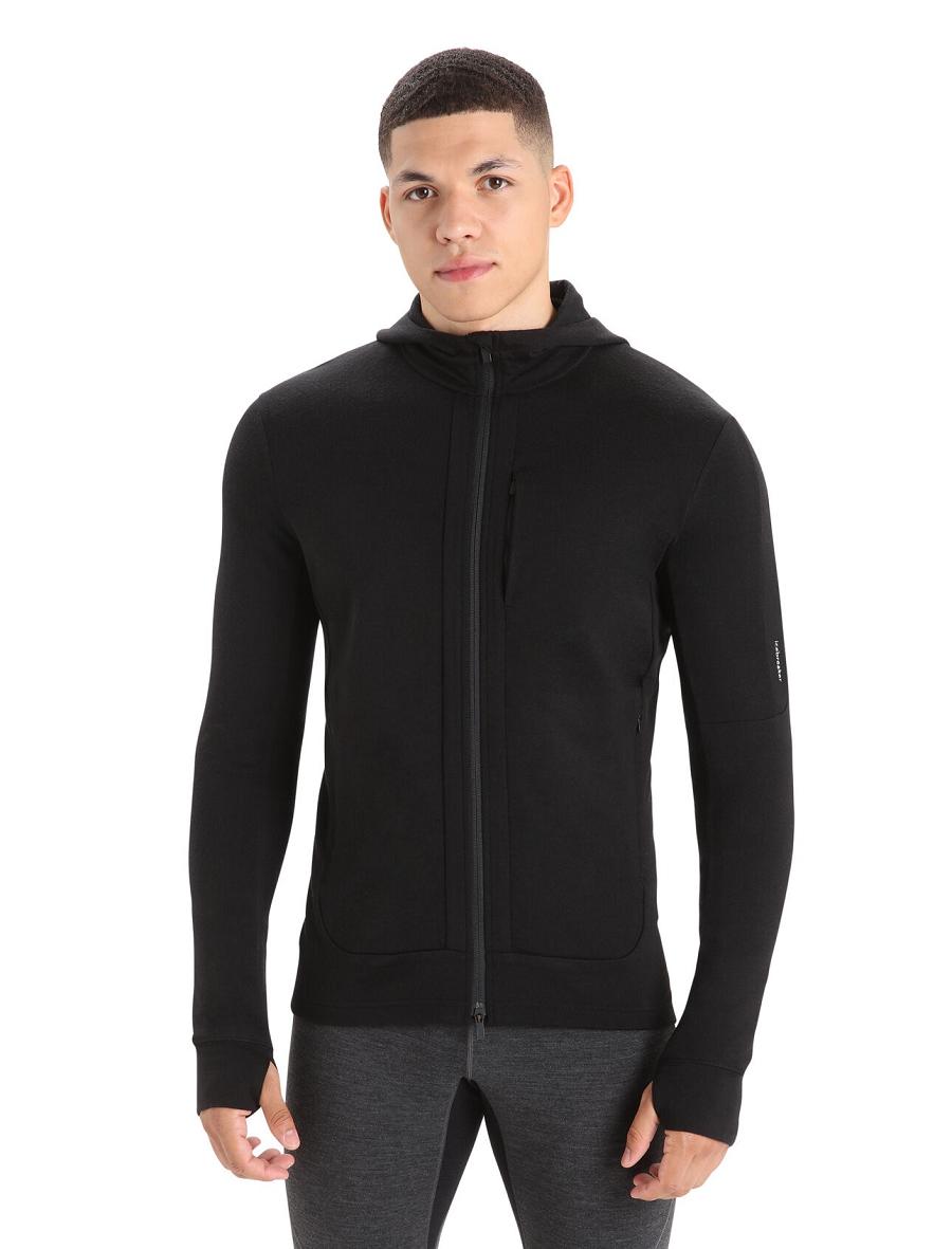 Men\'s Icebreaker Merino Quantum III Long Sleeve Zip Hoodie Black | CA 1677EBCX